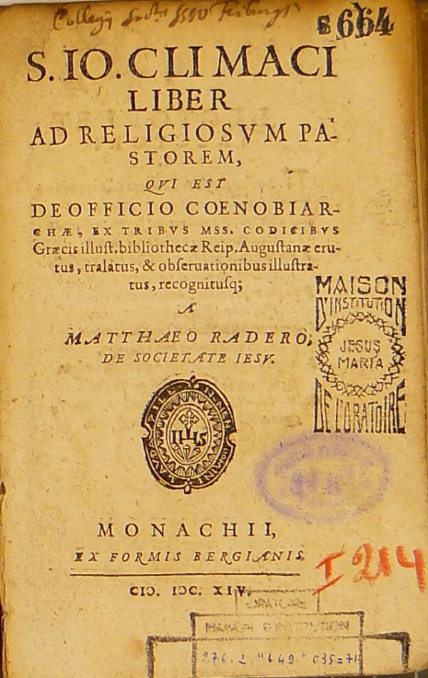 Joan, Clímac, sant / S. Io. Climaci liber ad religiosvm pastorem, qui est de officio coenobiarchae ex tribus mss. codicibvs