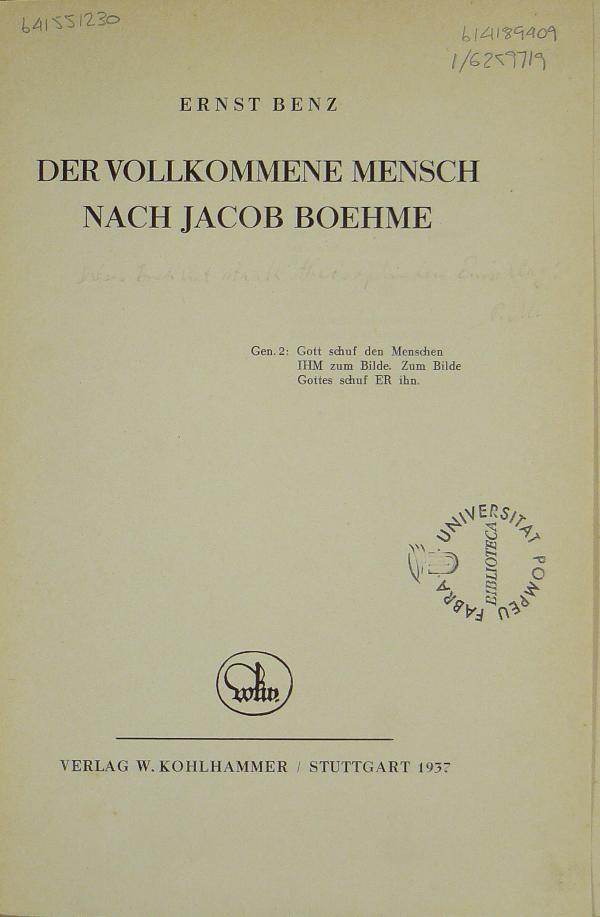 Benz, Ernst / Der Vollkommene Mensch nach Jacob Boehme